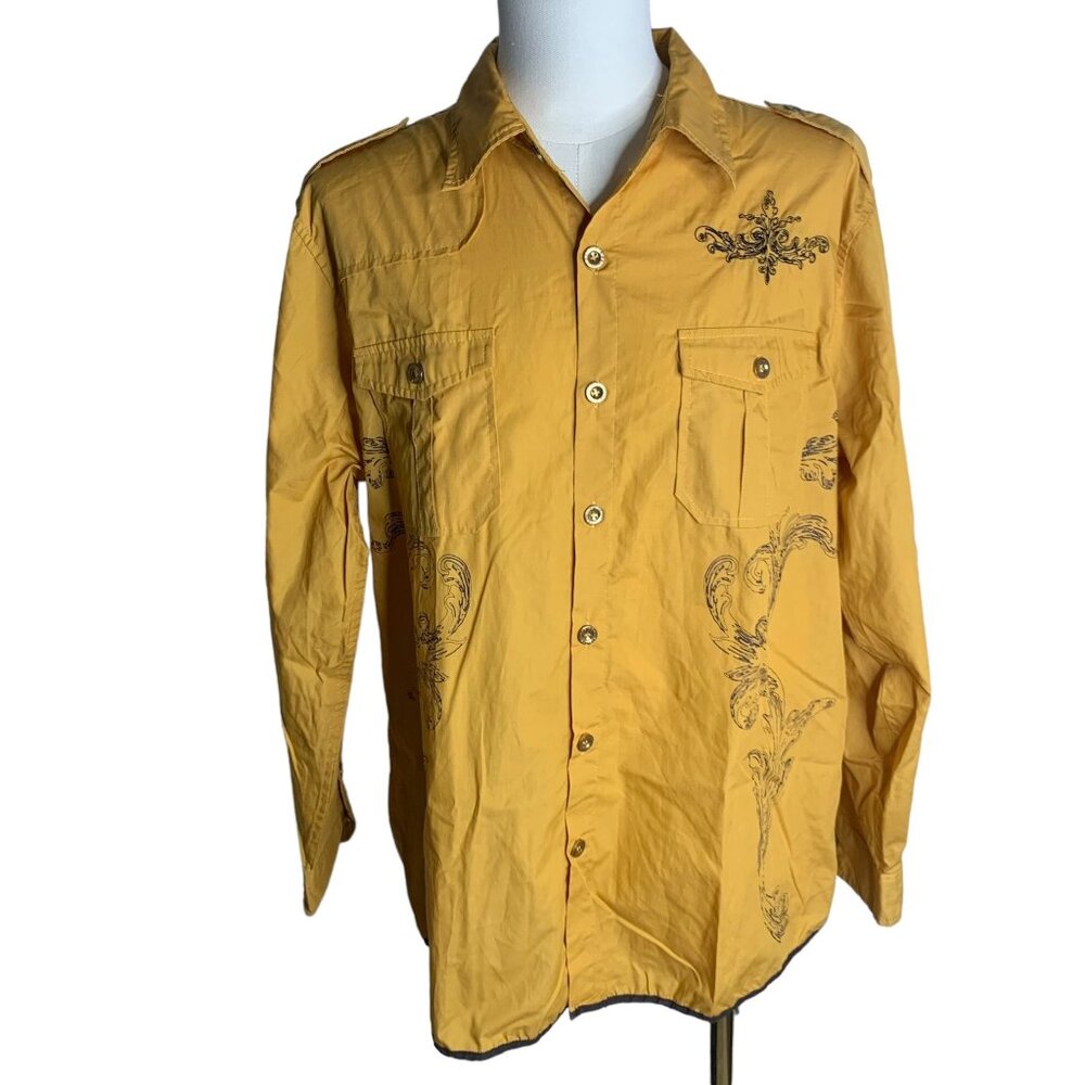 Red Ape Embroidered Button Up Shirt L Mustard Yellow Roll Tab Sleeves Pockets